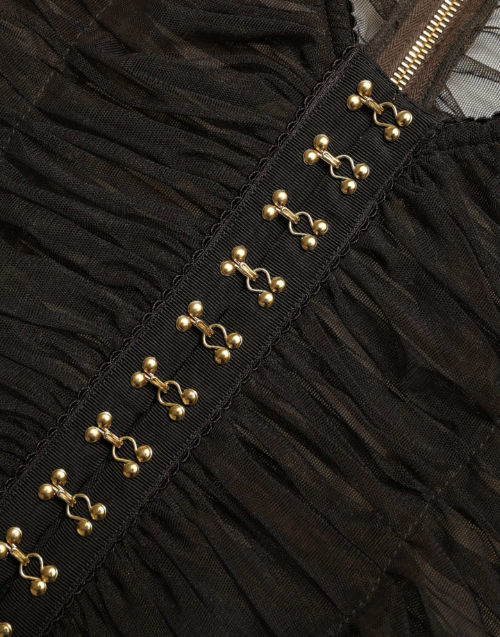 Braunes verschönertes Nylon Stretch Cropped Top