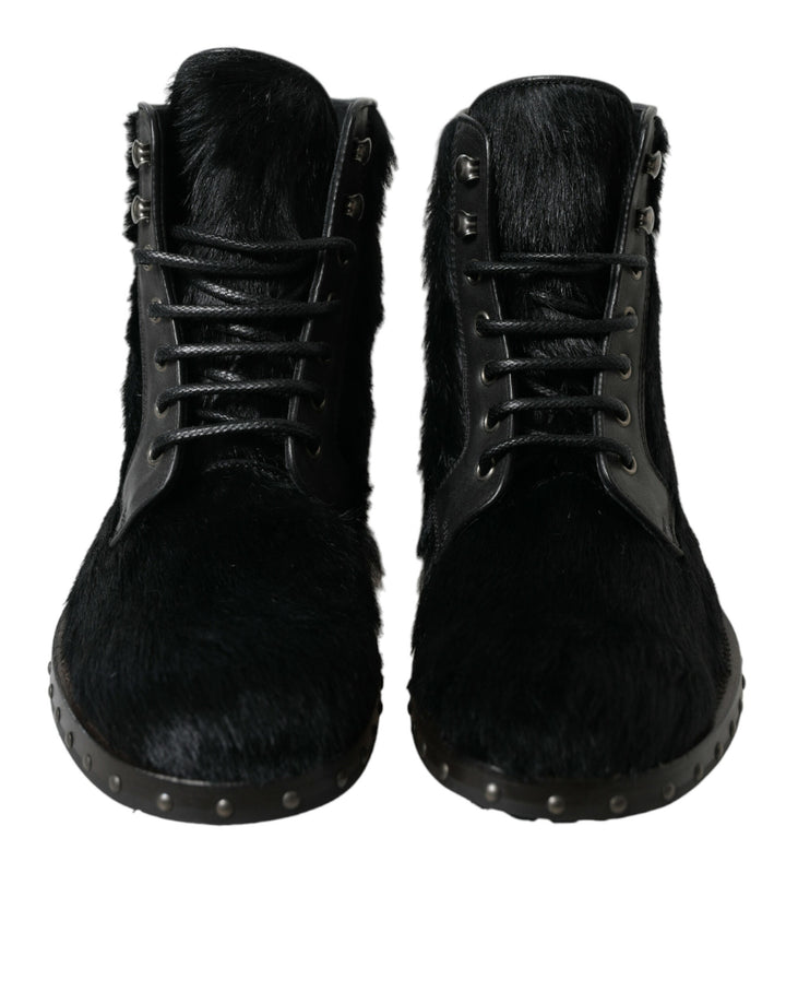 Schwarze Pony Style Leder Mid Calf Stiefel Schuhe