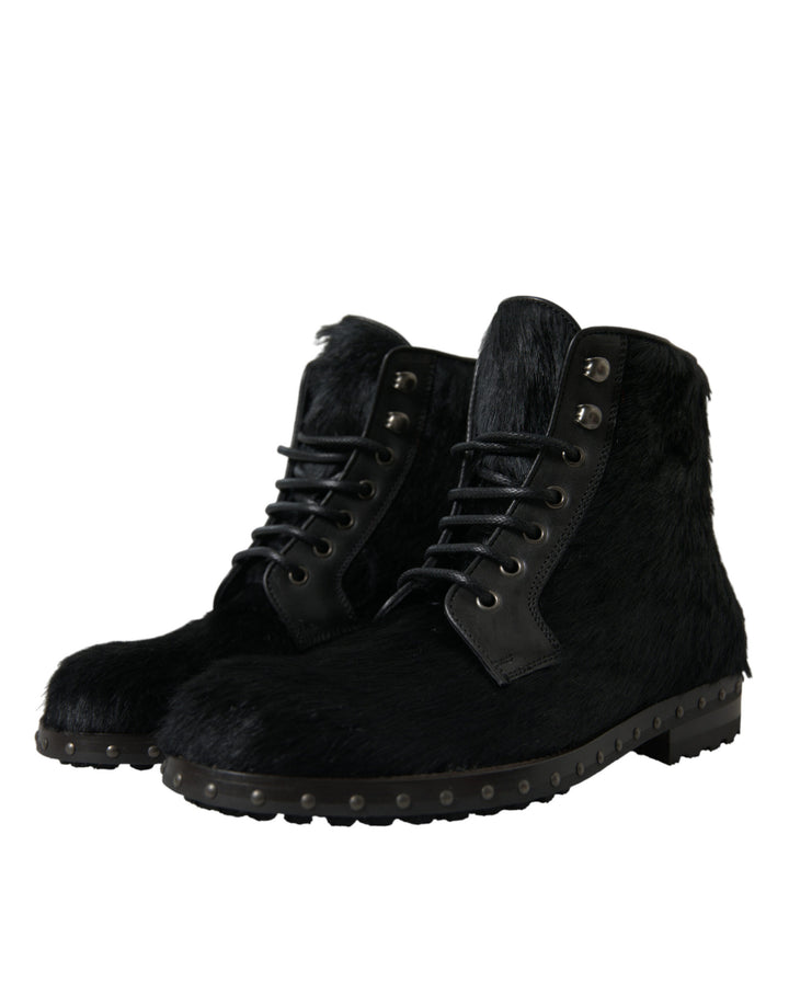 Schwarze Pony Style Leder Mid Calf Stiefel Schuhe