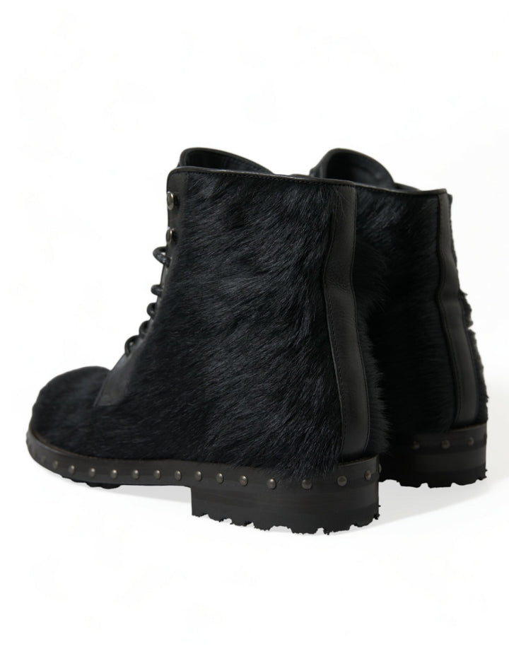 Schwarze Pony Style Leder Mid Calf Stiefel Schuhe
