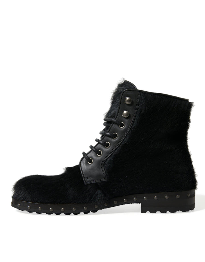 Schwarze Pony Style Leder Mid Calf Stiefel Schuhe