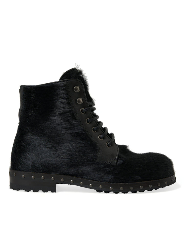 Schwarze Pony Style Leder Mid Calf Stiefel Schuhe
