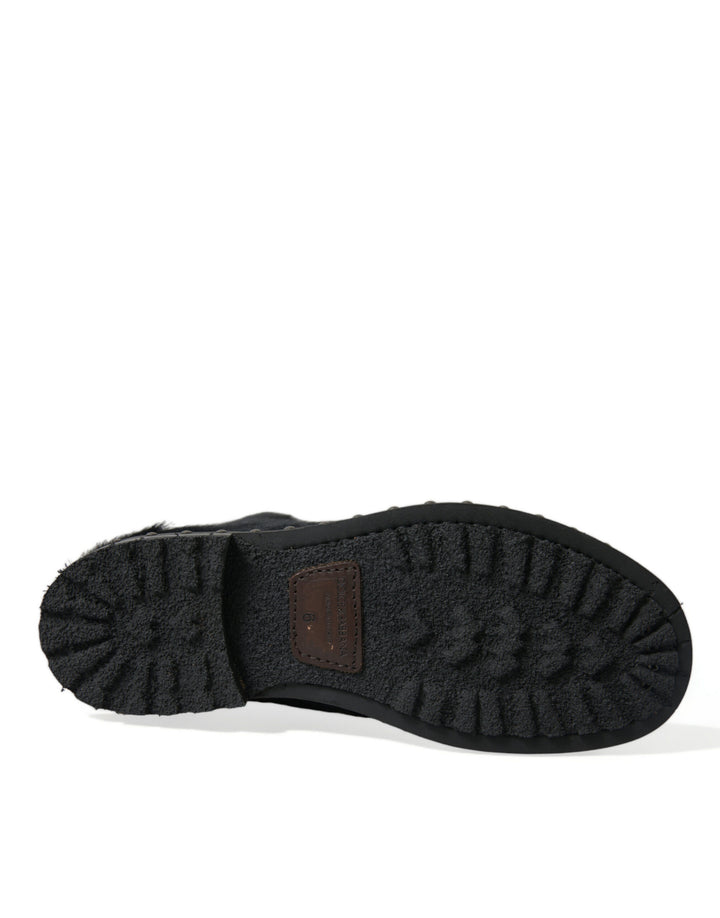 Schwarze Pony Style Leder Mid Calf Stiefel Schuhe
