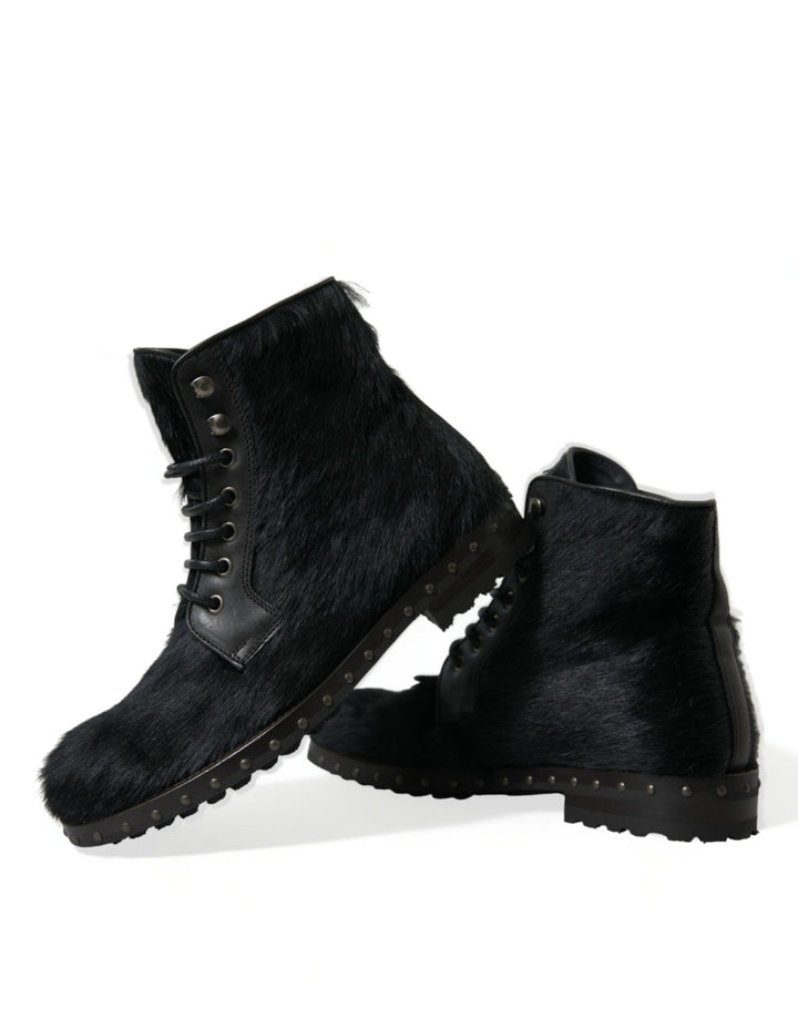 Schwarze Pony Style Leder Mid Calf Stiefel Schuhe