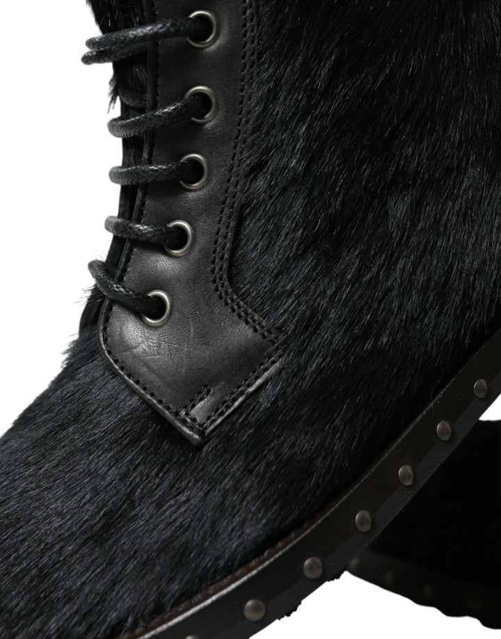 Schwarze Pony Style Leder Mid Calf Stiefel Schuhe