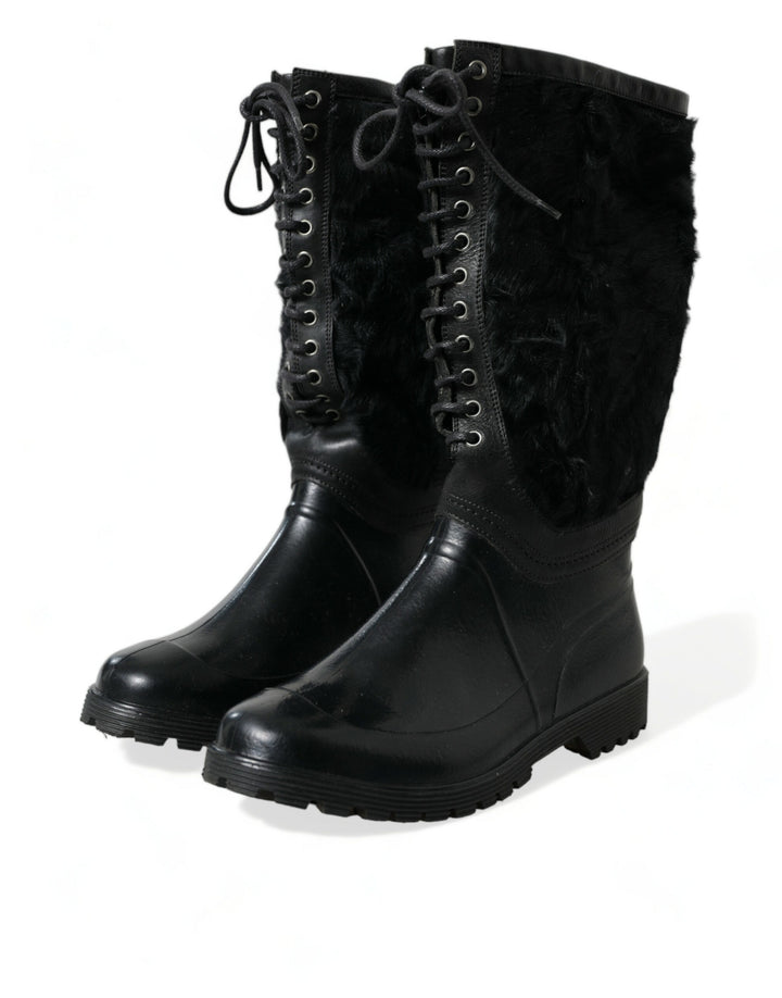 Schwarze Gummischnürsenkel Shearling Regenstiefel Schuhe
