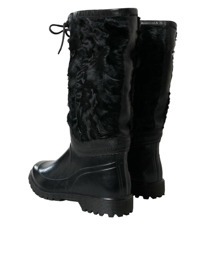 Schwarze Gummischnürsenkel Shearling Regenstiefel Schuhe