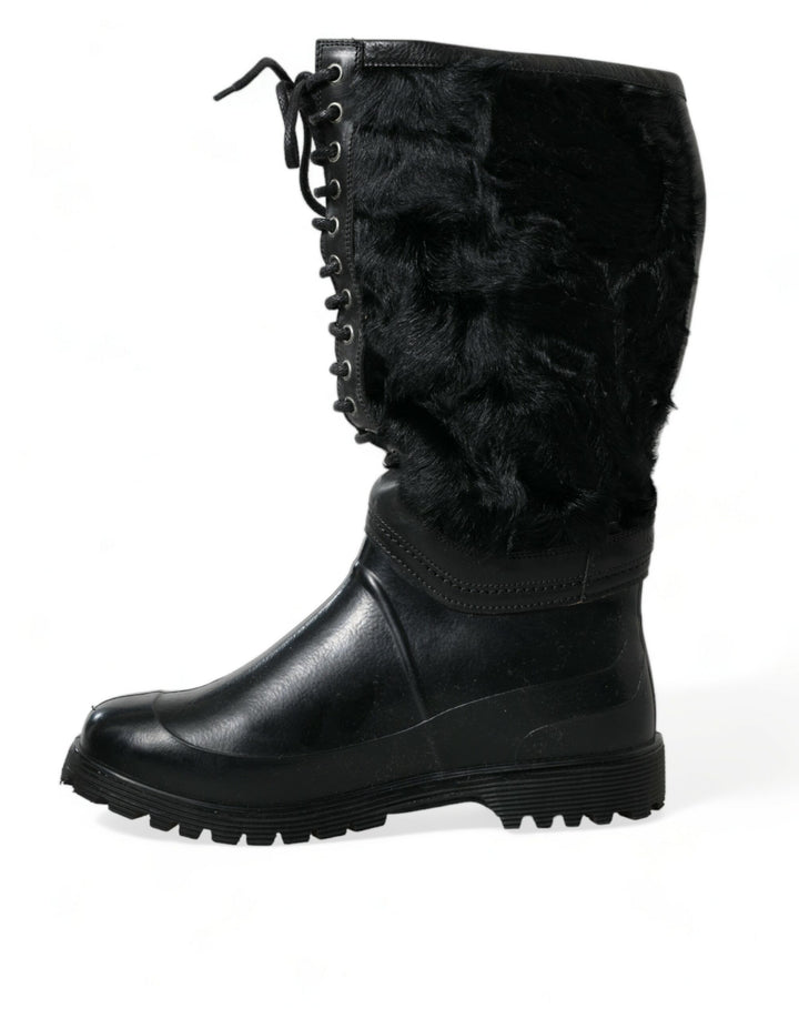 Schwarze Gummischnürsenkel Shearling Regenstiefel Schuhe