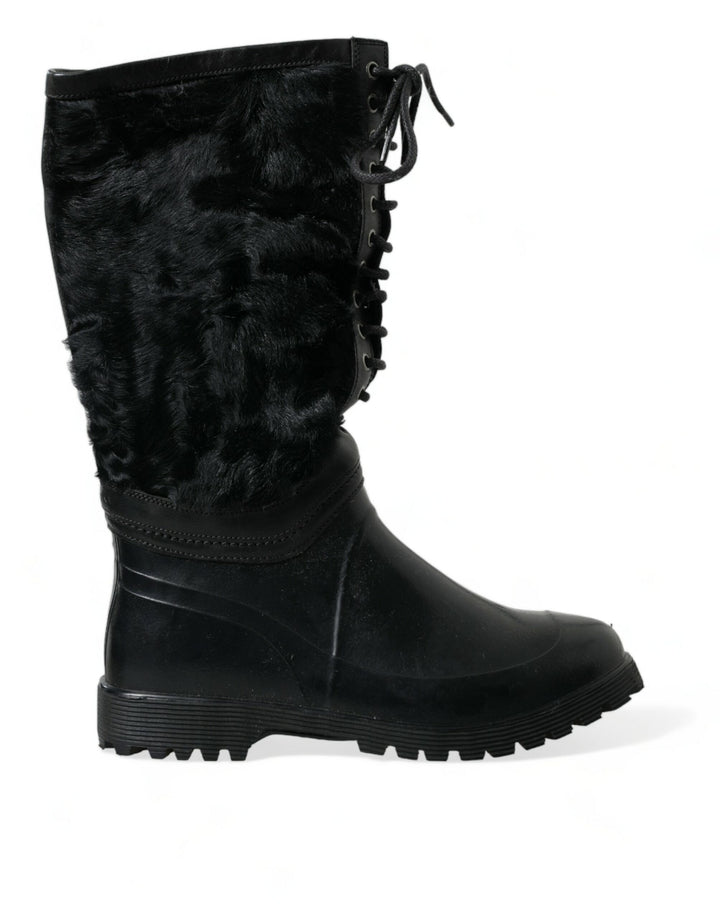 Schwarze Gummischnürsenkel Shearling Regenstiefel Schuhe