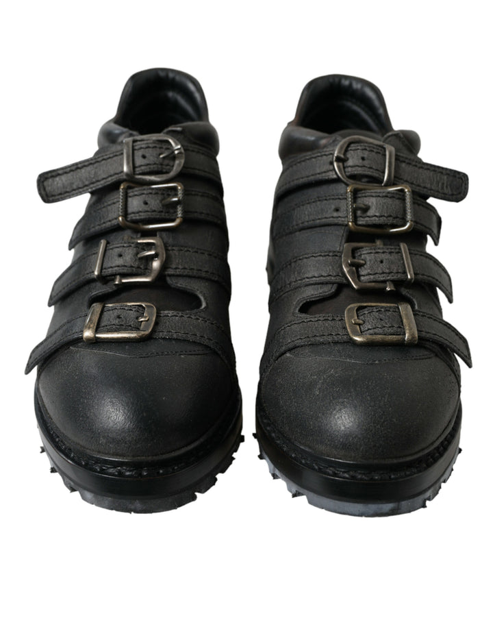 Black leather boots with ankle strap