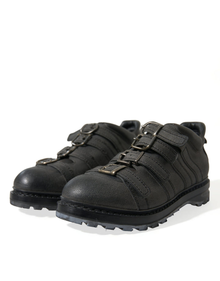 Black leather boots with ankle strap