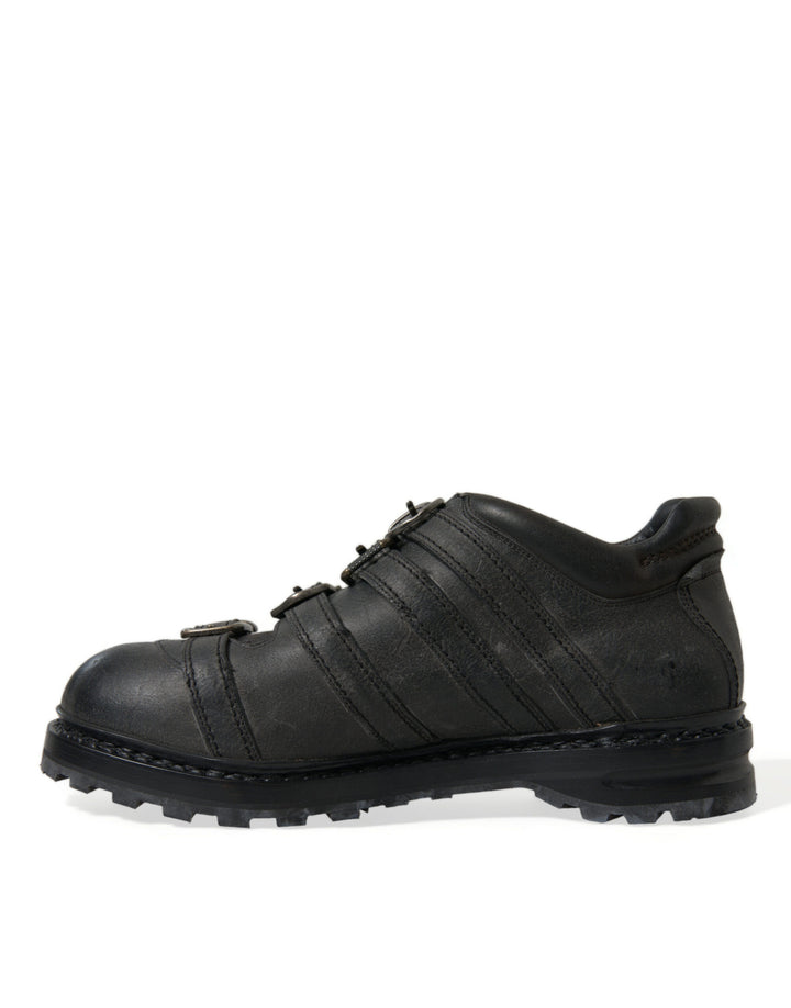 Black leather boots with ankle strap