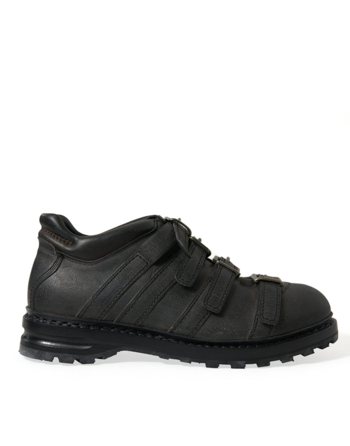 Black leather boots with ankle strap