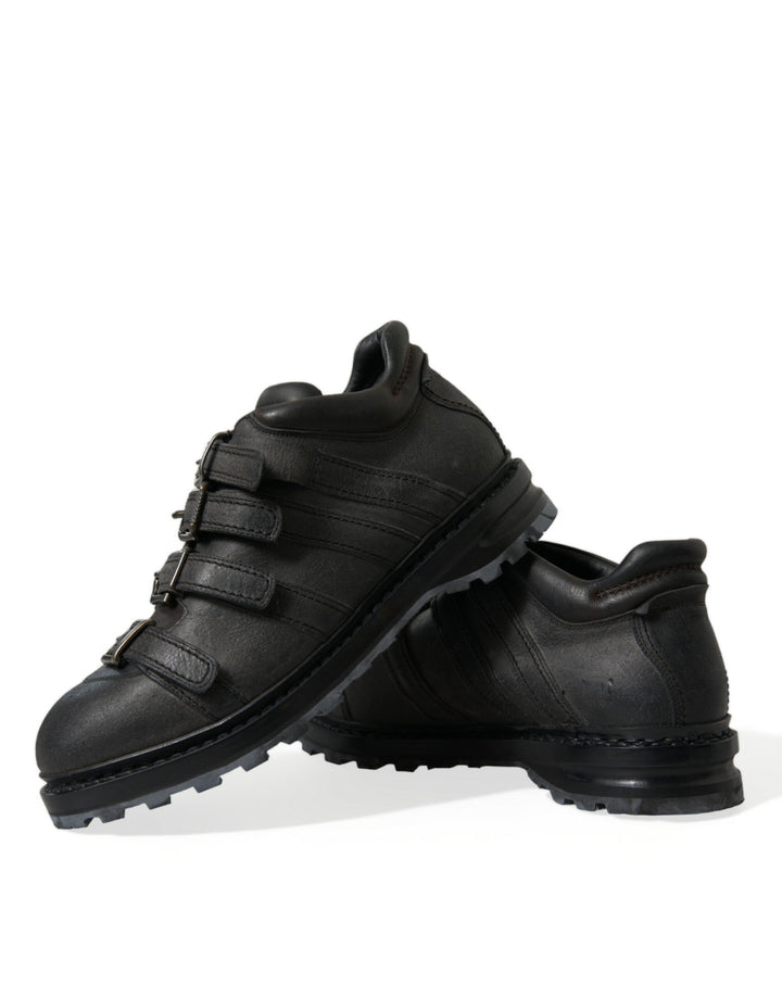Black leather boots with ankle strap