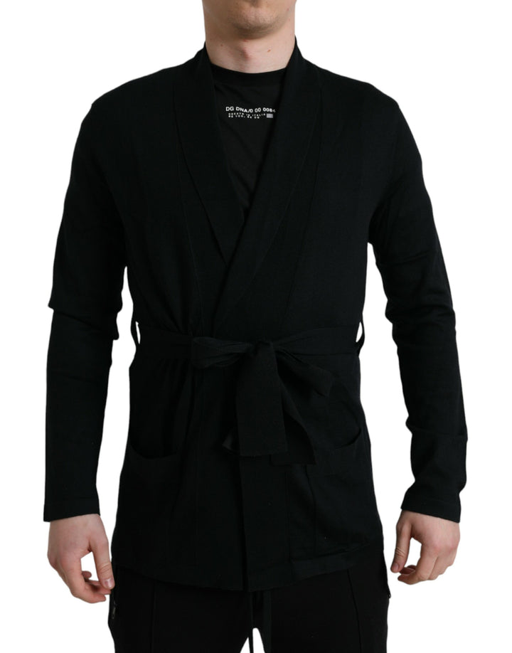 Elegant black cashmere bathrobe with waist belt