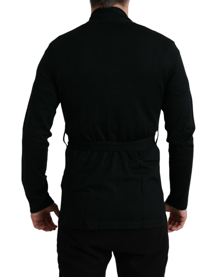 Elegant black cashmere bathrobe with waist belt