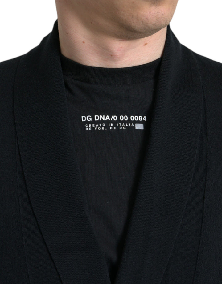 Elegant black cashmere bathrobe with waist belt