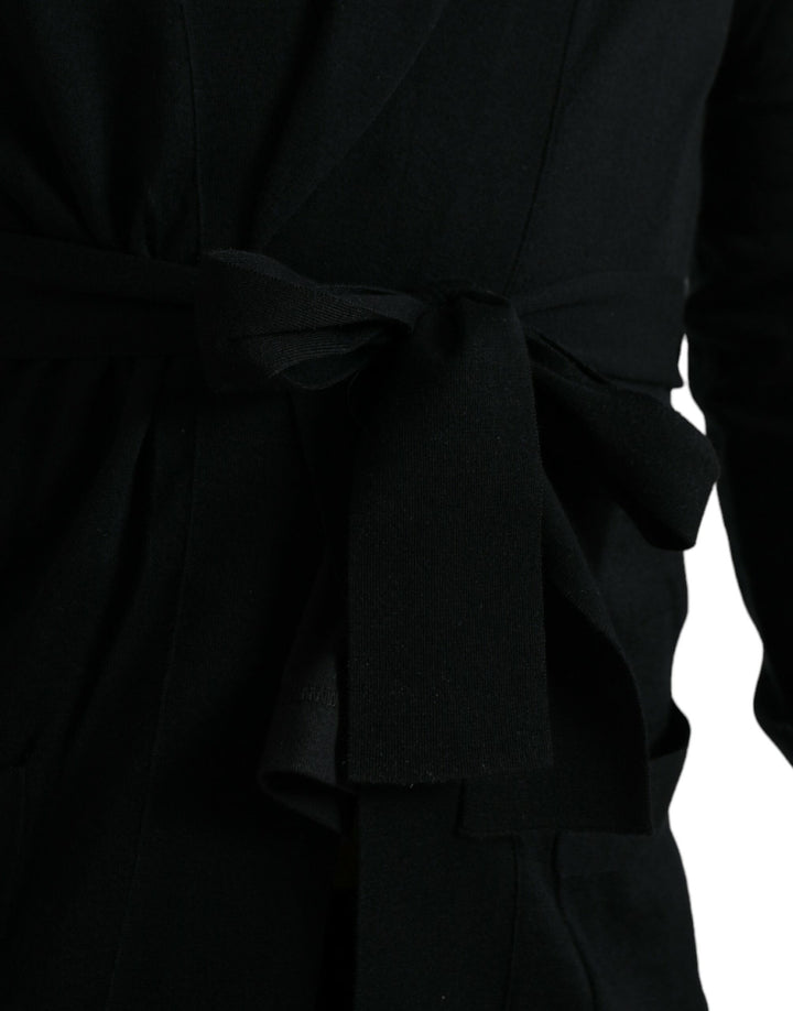 Elegant black cashmere bathrobe with waist belt