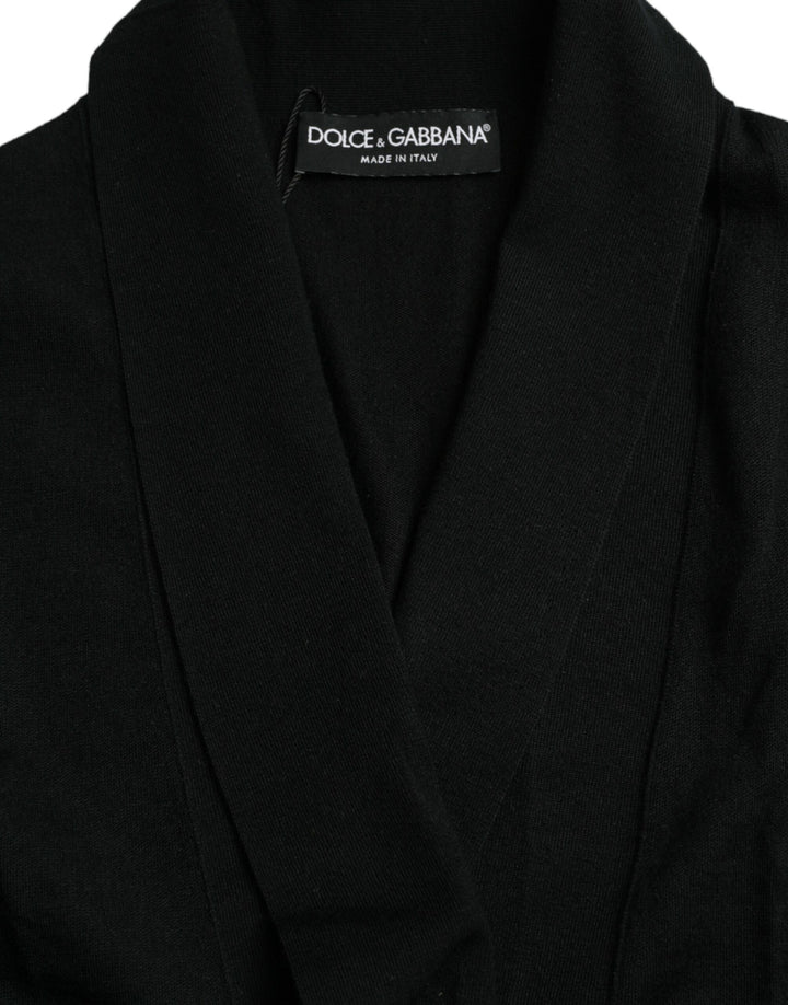 Elegant black cashmere bathrobe with waist belt