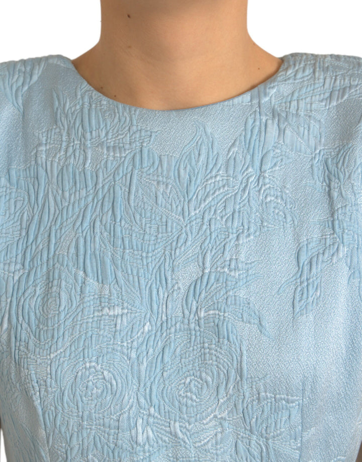 Hellblaues geblümtes Jacquard-Minikleid mit Puffärmeln