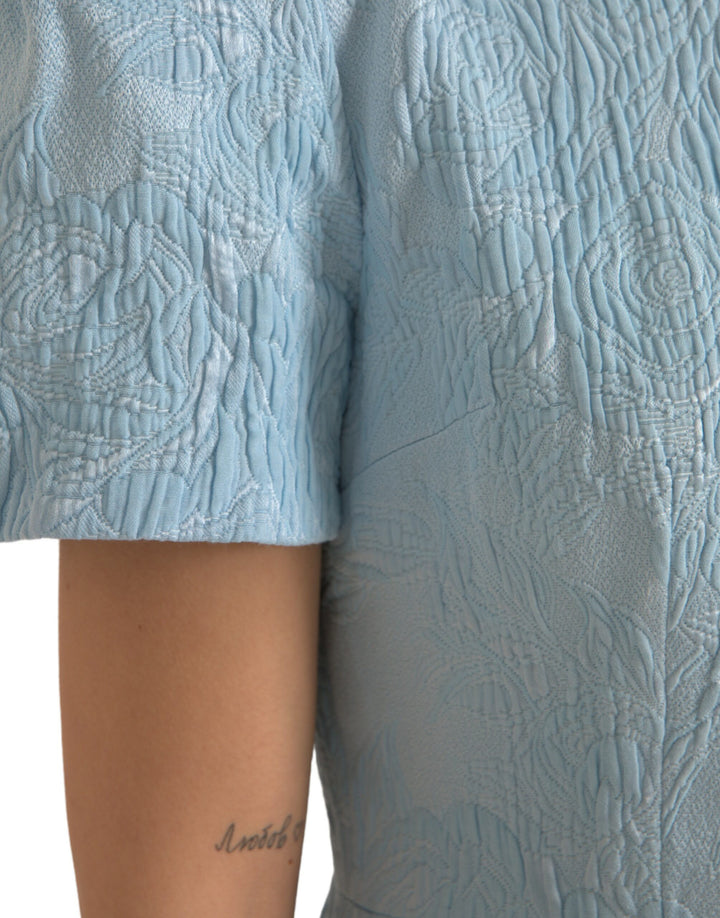 Hellblaues geblümtes Jacquard-Minikleid mit Puffärmeln