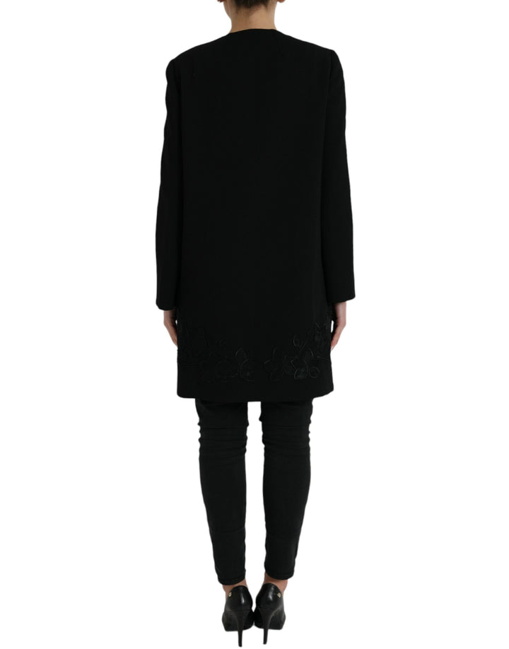 Schwarze Jacke aus Wolle mit Blumenmuster und Knöpfen