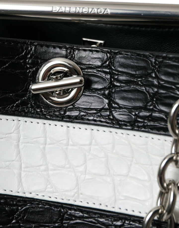 Schwarz-weiß gestreifte Exotenhaut Leder Maxi Bucket Tote Bag