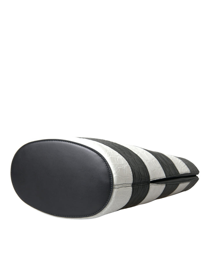 Schwarz-weiß gestreifte Exotenhaut Leder Maxi Bucket Tote Bag