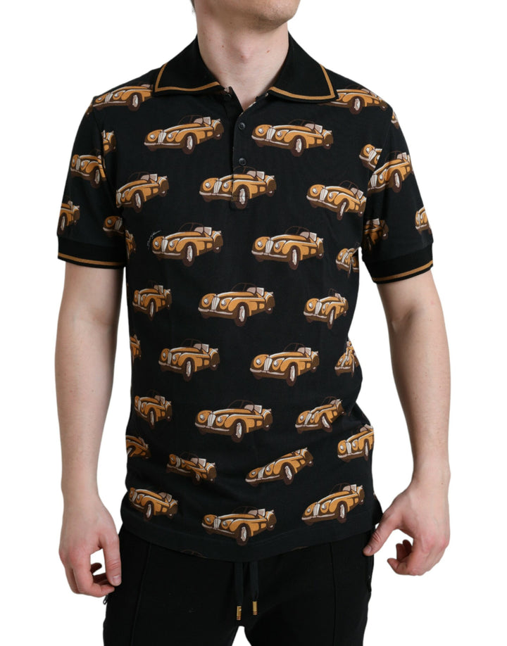 Black short-sleeved polo t-shirt with car print
