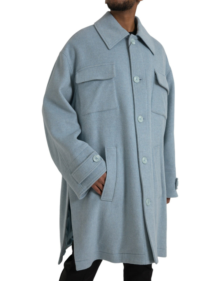 Hellblauer Wollmantel mit Knopfleiste Trenchcoat Jacke