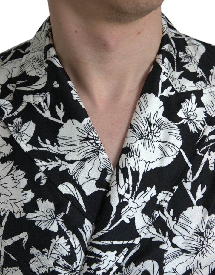 Schwarz Weiß Floral Button Down Casual Hemd