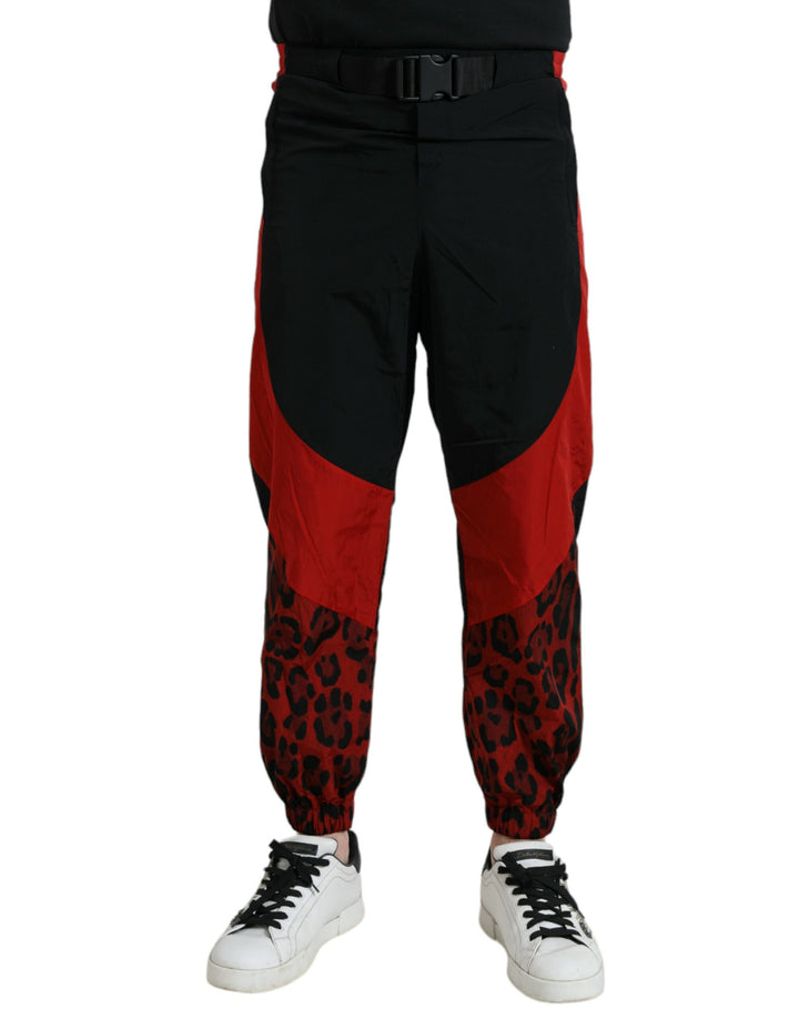 Schwarz-Rot Leopard Print Nylon Jogger Hose