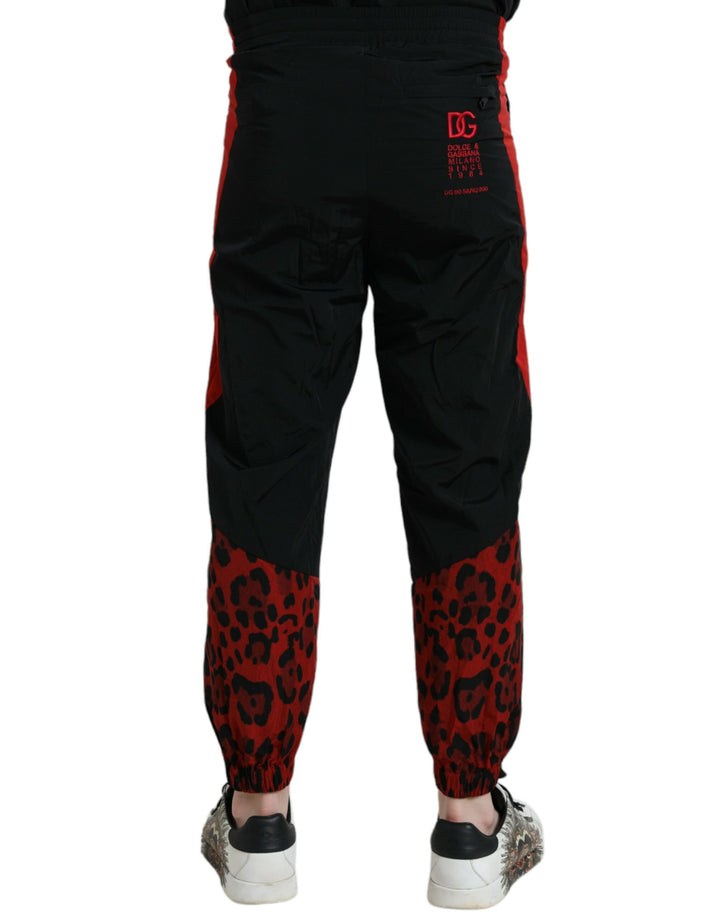 Schwarz-Rot Leopard Print Nylon Jogger Hose