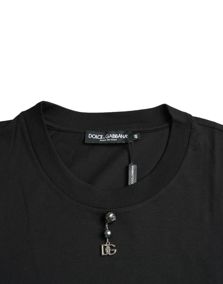 Black round-neck cotton T-shirt with embellishments