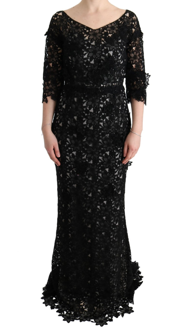 Elegant black maxi shift dress with floral appliqué
