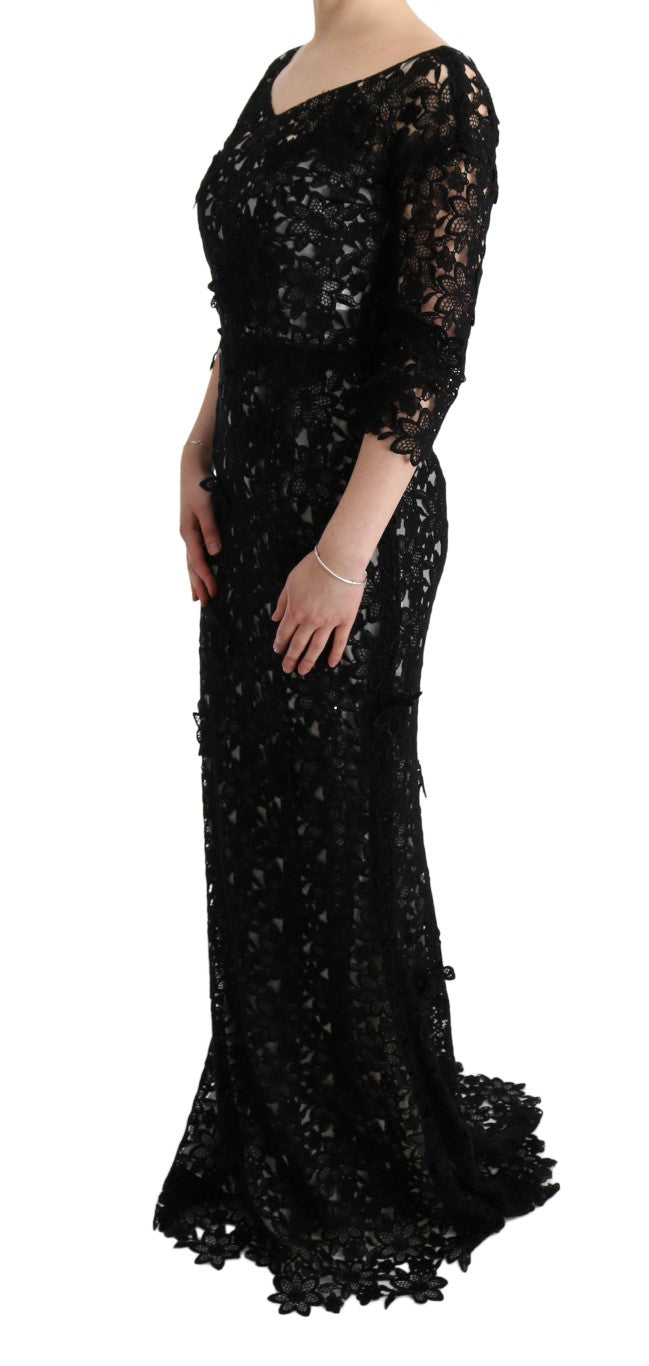 Elegant black maxi shift dress with floral appliqué