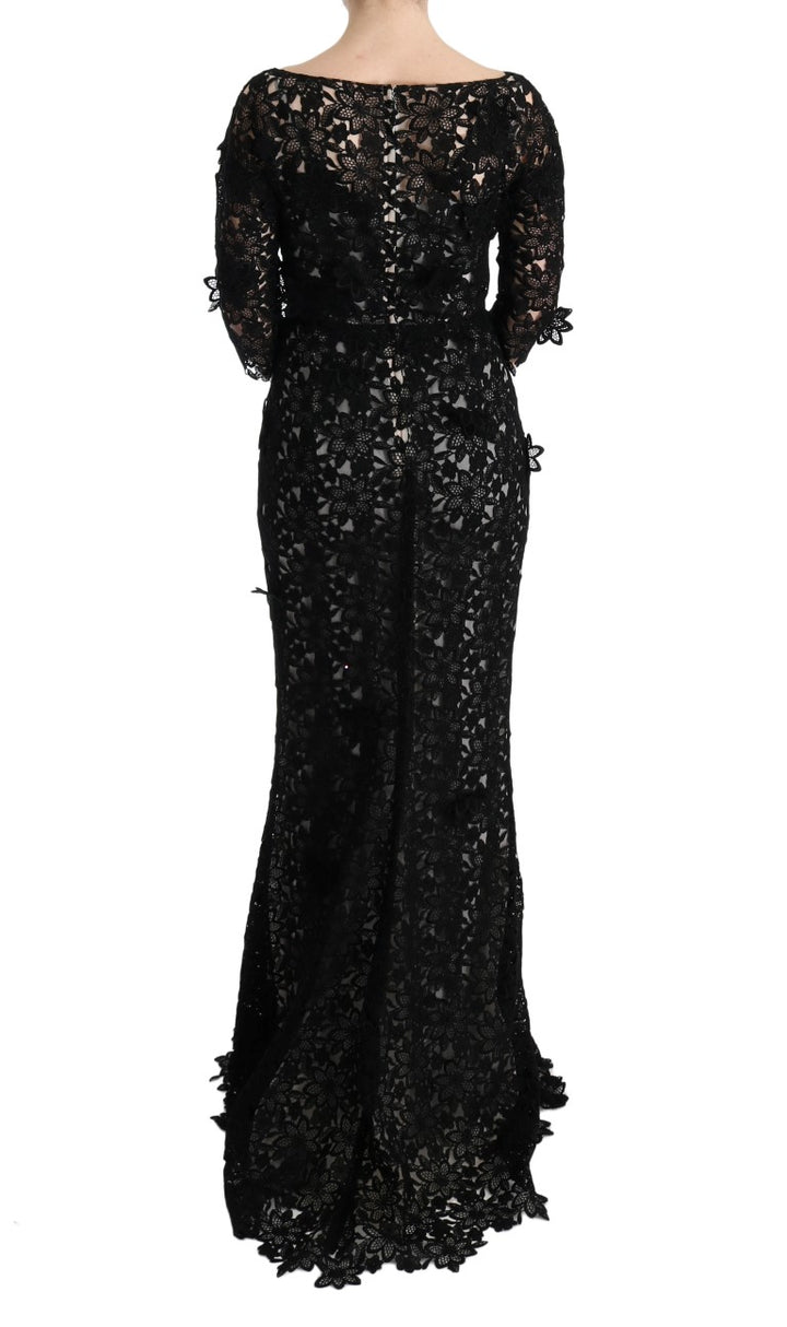 Elegant black maxi shift dress with floral appliqué