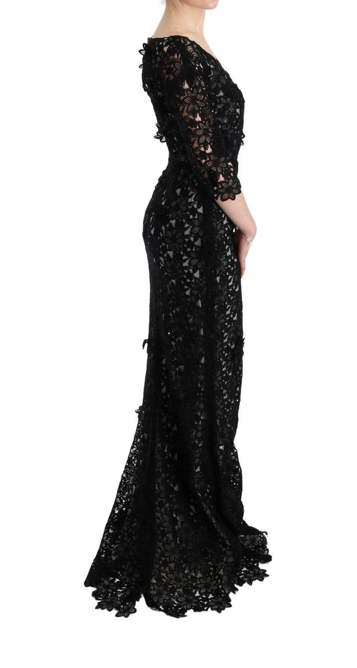 Elegant black maxi shift dress with floral appliqué