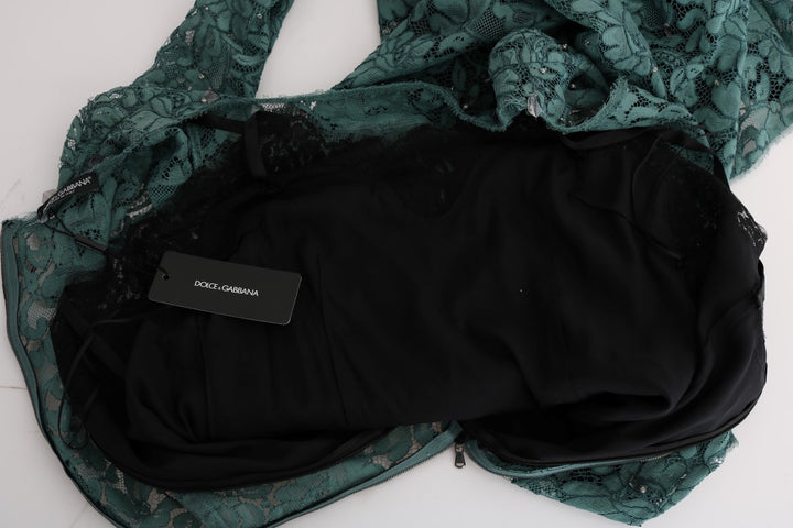 Grünes geblümtes Crystal Ricamo Etuikleid