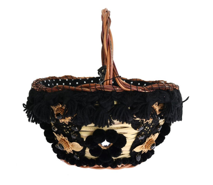 Beige Stroh Schlangenhaut Pom Pom Kristall AGNESE Tasche