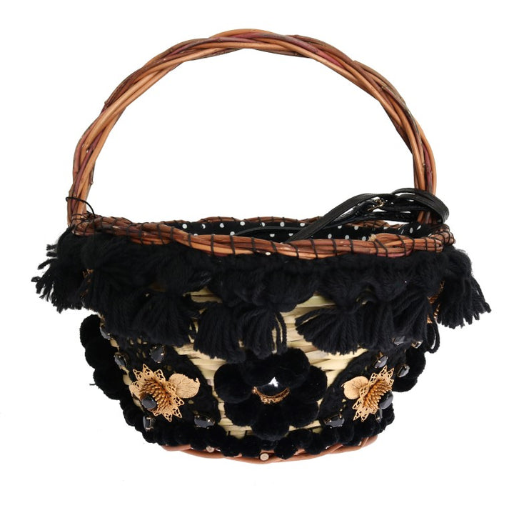 Beige Stroh Schlangenhaut Pom Pom Kristall AGNESE Tasche