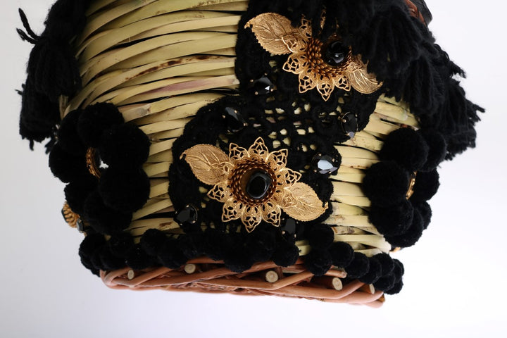 Beige Stroh Schlangenhaut Pom Pom Kristall AGNESE Tasche