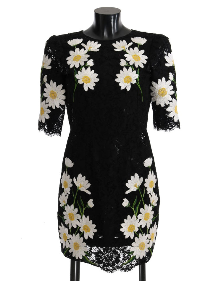 Black dress with floral chamomile lace embroidery
