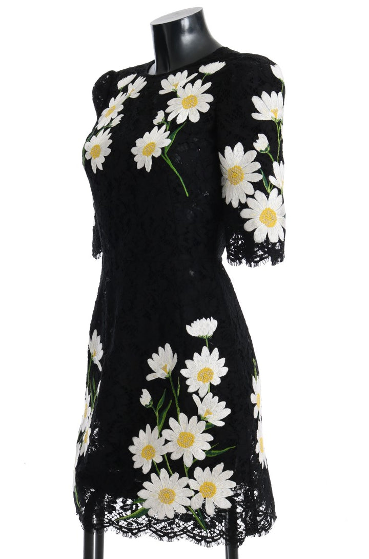Black dress with floral chamomile lace embroidery