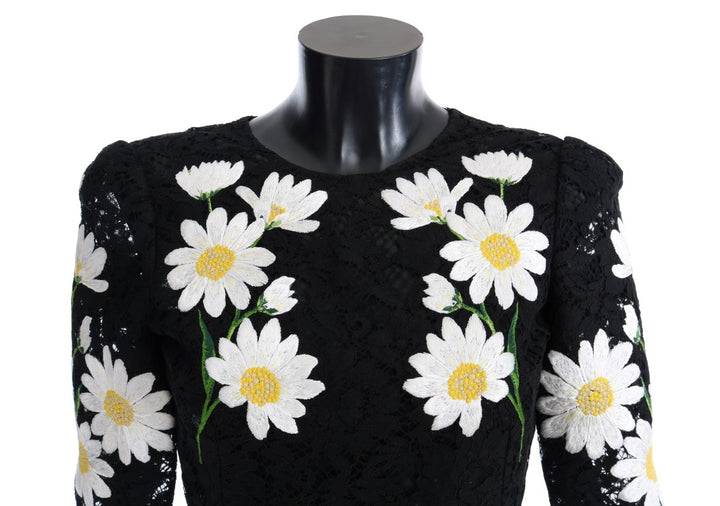 Black dress with floral chamomile lace embroidery