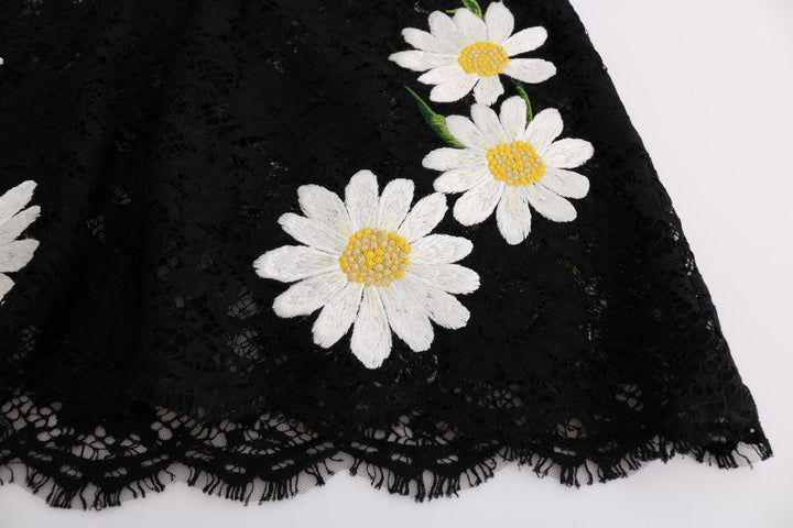 Black dress with floral chamomile lace embroidery
