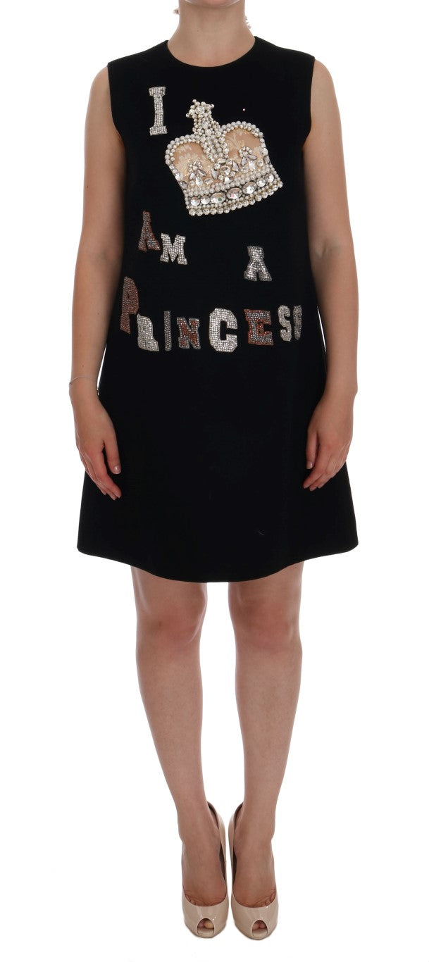 Black wool princess dress with crystal