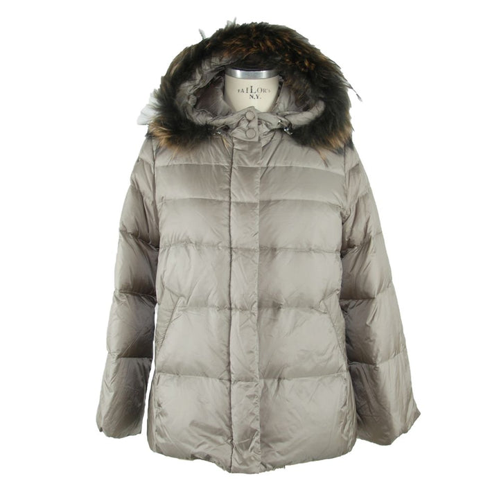 Elegante graue Daunenjacke mit Pelzbesatz aus Polyamid