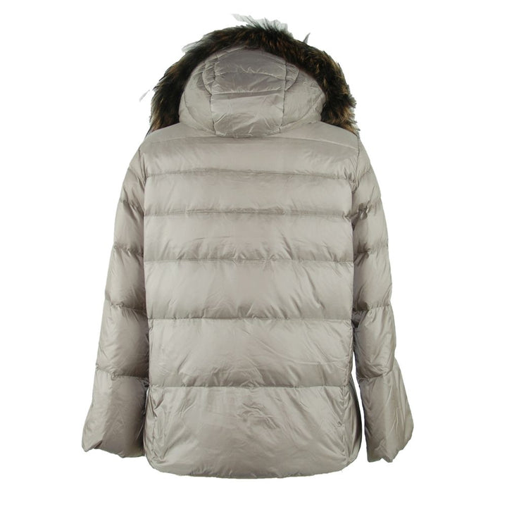 Elegante graue Daunenjacke mit Pelzbesatz aus Polyamid