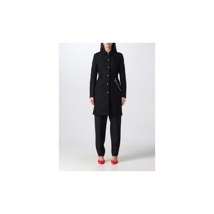 Elegant black wool coat with silver chain detail